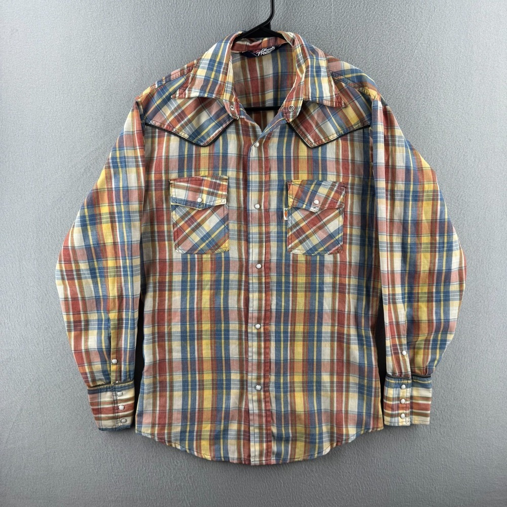 Vintage 70s Levis Fresh Produce Shirt Mens Medium Western Pearl Snap Plaid USA